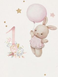 a greeting card with a bunny holding a pink balloon and the number one on it