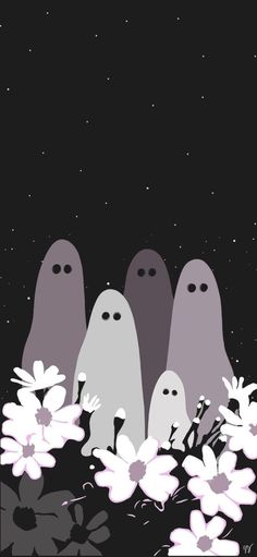 three ghost standing in the middle of flowers