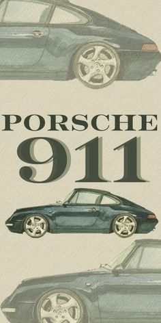 the porsche 9111 poster is shown in three different colors and sizes, including black