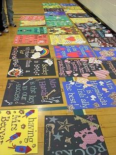 the hallway is decorated with colorful signs and posters for children's birthdays or special occasions