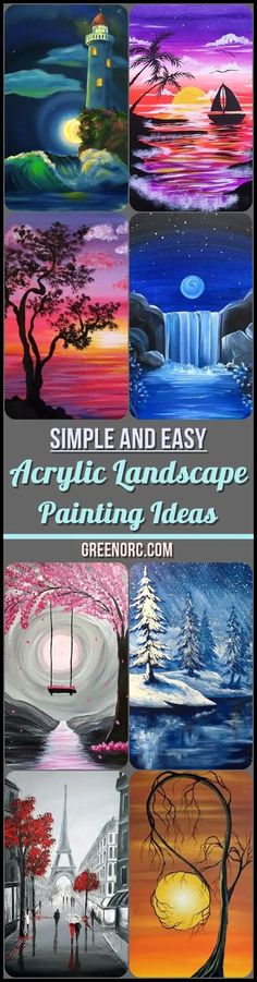 an image of some paintings with the title simple and easy acrylic landscape painting ideas