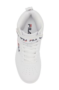 Show off basketball-inspired style in this high-top sneaker constructed with a hook-and-loop strap closure, comfortably padded collar and grippy sole. Lace-up style; hook-and-loop closure Textile and synthetic upper/textile lining/synthetic sole Imported Sports Basketball Shoes With Embossed Logo, Sporty Lace-up Basketball Shoes With Embossed Logo, Basketball Shoes With Embossed Logo And Round Toe, White High-top Basketball Shoes With Embossed Logo, Sporty High-top Skate Shoes With Embossed Logo, White Sporty Basketball Shoes With Embossed Logo, Sporty High-top Sneakers With Embossed Logo, Low-top Velcro Sneakers In Synthetic Material, Low-top Synthetic Sneakers With Hook And Loop Closure