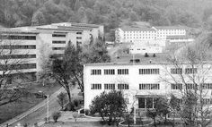 black and white photograph of an old building in the middle of a park with trees