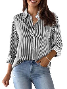 PRICES MAY VARY. US SIZE: S=(US 4-6), M=(US 8-10), L=(US 12-14), XL=(US 16-18), 2XL=(US 20-22). We use American standard size. Please rest assured to purchase. Features: Button down shirt for women, Woman Button up, Cotton Striped dress shirt, Long sleeves, Solid dressy top, V neck collared tunics, Shirts for work formal business. This Stripe Blouses for women fashion can be rolled up for a cool laid back style. This Casual Long Sleeve Button Down Shirts Tops make you look more chic, stylish and Coastal Girl, Casual Coastal, Striped Shirt Women, Women's Button Down Shirt, Casual Long Sleeve Shirts, Basic Shirts, Office Casual, Striped Cardigan, Women Shirts Blouse