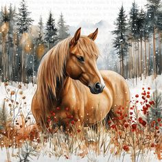 a painting of a horse in the snow with red berries on it's nose