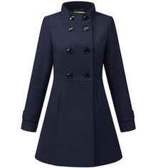 Take on chilly winter with this stylish midi-length coat with its chic stand collar design and double-breasted details. It is finished with a stand collar and slant pockets. Keep cozy and chic all at once with this coat. A chic cut for a simple and sophisticated coat that saves a bit of flare for the soft, warm fabric. Pull it on over your favorite work or dressy nighttime looks for a stunning, polished ensemble. Duffle Coat Women, Dark Blue Coat, Blue Winter Coat, Warm Fabric, Long Overcoat, Winter Outwear, Long Winter Coats, Blue Winter, Duffle Coat