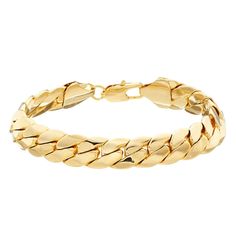 "Sleek and stylish, this 14k gold plated Cuban chain bracelet completes your handsome look. Length: 8.5 in. Width: 11 mm Clasp: lobster-claw Packaging: boxed Metal: brass Plating: 14k gold plated Finish: polished Gift Givers: This item ships in its original packaging. If intended as a gift, the packaging may reveal the contents. Size: 8.5"". Color: Yellow. Gender: male. Age Group: adult." Elegant Cuban Link Metal Bracelet, Gold Plated Figaro Chain Bracelet, Classic Formal Metal Cuban Link Bracelet, Classic Gold Box Chain Bracelet, Gold Metal Cuban Link Bracelet, Classic Gold Chain Charm Bracelet, Classic Cuban Link Gold Bracelet, Formal Gold-tone Curb Chain Bracelet, Gold Bracelet With Curb Chain Link