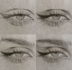 four different views of an eye with long, thin lashes and large eyes are shown