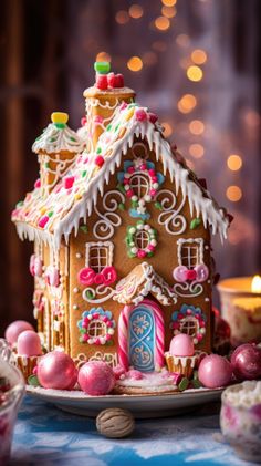 a gingerbread house is decorated with icing and candies for the holiday season