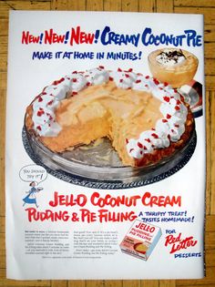 an advertisement for jello confect cream from the 1950's, featuring a pie with white frosting and sprinkles