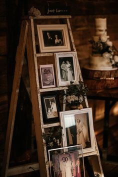 an old ladder with pictures on it and wedding cake in the backgroung