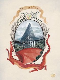 the hobbit logo with an image of a dragon and mountains in the background