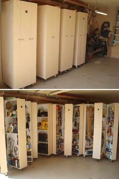 before and after pictures of an unfinished garage storage unit with doors open to reveal the inside