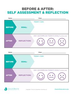 a poster with the words before and after self - assessment & reflection on it's side