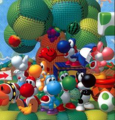 an image of mario and friends in front of some colorful balloons with trees behind them