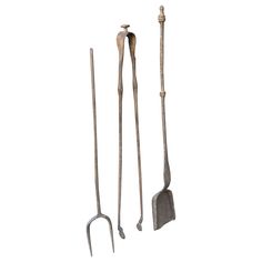 three different types of garden tools on a white background