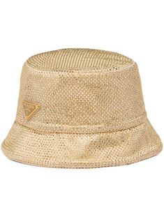 platinum-tone cotton satin finish crystal embellishment enamel triangle logo dropped wide brim Luxury Designer Bucket Hat With Short Brim, Luxury Trendy Bucket Hats, Luxury Designer Bucket Hat For Women, White Prada Bucket Hat, Luxury Beige Bucket Hat, Cute Bucket Hats, Rose Gold Accessories, Luxury Hats, Gold Hats