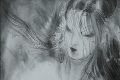 a black and white drawing of a woman's face with her hair blowing in the wind