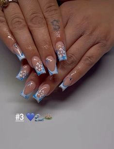 Summer Nails 2024 Blue, Blue Acrylic Nails Summer, Summer Nails With Charms, Nails Acrylic Summer 2024, Nail Inspo Summer 2024, Blue Nail Inspo Acrylic, Blue Nails With Flowers, Blue Nails Summer, Summer Flower Nails