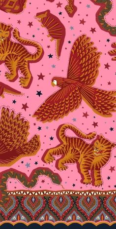 a pink background with red and gold animals on it's sides, stars and hearts