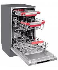 an open dishwasher with two red dishes in the bottom rack and one empty