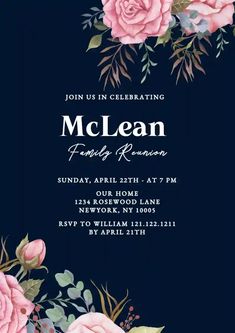 an elegant floral birthday party with pink roses and greenery on a dark blue background