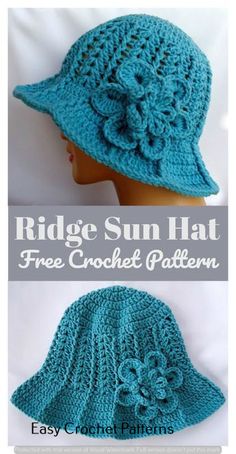 a crocheted hat with flowers on it and the words ridge sun hat free crochet pattern