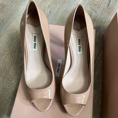 Only Worn Once! Nearly Brand New Condition. I Fit A True Size 8.5 But They Were Tight On Me. Comes With Box. 100% Authentic. Luxury Open Toe Miu Miu Heels, Miu Miu Open Heel Leather Heels, Miu Miu Leather Open Heel Heels, Luxury Open Toe Heels By Miu Miu, Luxury Miu Miu Open Toe Heels, Spring Patent Leather Wedge Heels, Miu Miu Luxury Open Heel Heels, Spring Open Toe Court Shoes With Heel Strap, Luxury Miu Miu Open Heel Heels