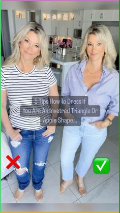 Here are tips how to dress if your have apple shape body type or inverted triangle! ✨ Follow me for more style tips, fashion hacks, fashion trend and find! #over40andfabulous #fashionover40

Are you an apple shape or inverted triangle? This shape typically has broad shoulders, an undefined waist and a larger bust area. This body type usually has thin legs and arms. Here are some quick tips to look and feel your best in your clothes. 

1. Wear light colours on the bottom and darker tones on top. 
 • 2. Vertical stripes rather than horizontal will lengthen your torso, therefore, making it appear smaller. 
 • 3. Lower necklines are best as they give the illusion of a longer torso as well. 
 • 4. Do not wear tops with pockets on the bust area. 

5. Avoid thick belts which draw attention to the Blazer For Inverted Triangle Body Shape, Tops For Inverted Triangle Shape, Inverted Triangle Outfits Ideas, Thick Belts, Earthy Tone Outfits, Triangle Outfits, Inverted Triangle Body Shape Fashion, Inverted Triangle Body Shape Outfits, Triangle Body Shape Fashion