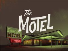 the motel is lit up at night with neon lights on it's roof and sign