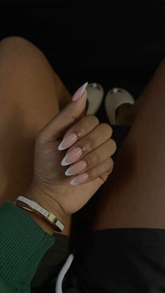 Oval Tips Nails, White Tip Nails Almond Shape, Shaped French Tip Nails, Black Feminine Nails, Aesthetic Almond French Tip Nails, Classy Girl Nail, Cute Almond French Nails, Natural Nail Ideas Almond, Acrylic Nail Designs For Work