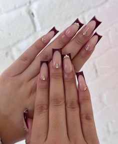 Marron French Nails, Unique Square Acrylic Nails, Winter Nail Inspo Square, Burgundy And Gold Nails Acrylic, Nail Inspo Burgundy, Darker Nails, French Tips Nails, Red And Gold Nails, Gold Acrylic Nails