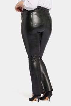 Our most popular silhouette, now in super-sculpting compression faux leather. NYDJ's Faux Leather Marilyn Straight Pants in Plus Size have a flattering and versatile straight-leg fit that elongates the figure, while their texture adds a bold edge to outfits. Lift Tuck® Technology uses a proprietary slimming panel with a patented criss-cross design to shape and support your curves for even more sleekness. The styling of this pair is finished with five pockets and a zip fly with button closure. Th Sleek Polyurethane Leather Straight Leg Pants, Petite Pants, Cross Design, Women Plus Size, Pencil Pants, Petite Jeans, Faux Leather Pants, Faux Leather Leggings, Bottom Clothes