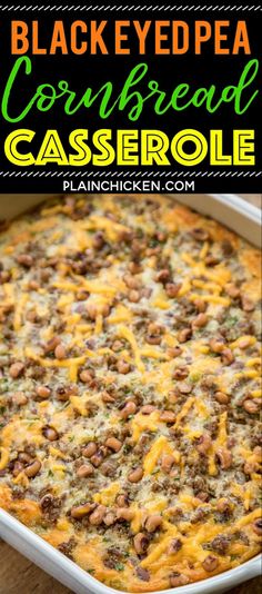 black eyed pea casserole with cheese and ground beef in a white baking dish