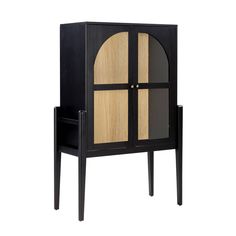 a black and wood cabinet with two doors on one side, an open drawer in the other