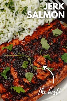 a plate topped with meat and rice covered in cilantro next to a fork