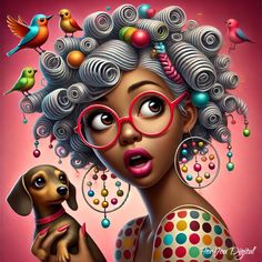 a painting of a woman with glasses and a dog in front of her is an image of birds, circles, beads, and bubbles