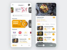 two mobile screens showing food items on the left and right side of each phone screen