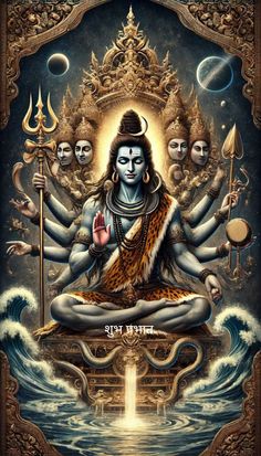 an image of the hindu god sitting in front of water and surrounded by other deities