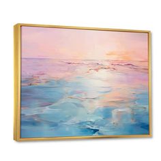 an abstract painting with blue, pink and yellow colors on the water's surface