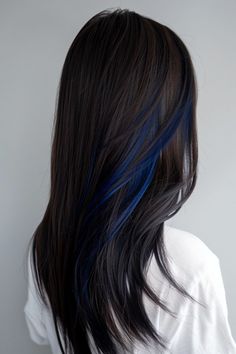 nails short Blue Color For Hair, Hair Colors Highlight, Hair Color Blue Highlights, Dark Blue Streaks In Brown Hair, Dark Brown Blue Hair, Hair Color Streaks Highlights, Brown Hair Blue Tips, Colored Highlights Brown Hair, Highlights For Straight Hair