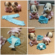 four different pictures of stuffed animals in various positions and sizes, including one wearing a pink dress