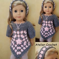 the doll is wearing a crocheted dress and boots with pink flowers on it