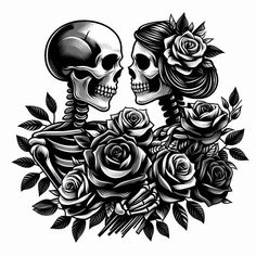 two skulls with roses in their hands, one is holding the other's head