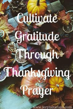 a pile of pumpkins and leaves with the words cultivate gratitude through thanksgiving prayer