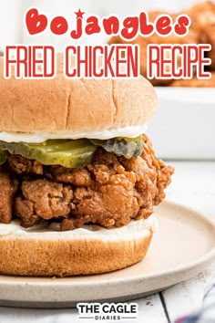 a fried chicken sandwich on a plate with the title