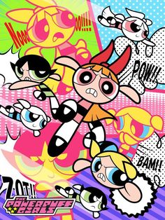 the powerpuff girls cartoon characters are depicted in this colorful background with different colors and sizes