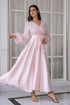 Pink Long Sleeves Wedding Party Dress Prom Dresses Long Pink, Lovely Partner, Elegant Midi Dresses, Womens Prom Dresses, Dress Occasion, Wedding Party Dress, Sophisticated Dress, Pink Prom Dresses, Long Sleeve Wedding