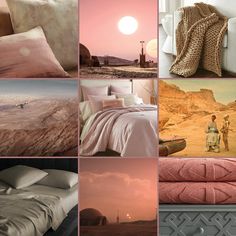 the collage shows different types of linens and bedding, including sheets, blankets, pillows, and more