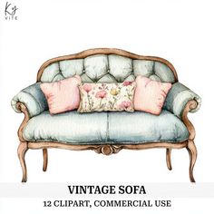 an old couch with pillows on it and the words vintage sofa 12 clipart, commercial use